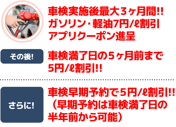 車検 早期ご予約で 最大6ヶ月間!!ガソリン・軽油10円/ℓ引きクーポン進呈車検実施後 最大3ヶ月間!!ガソリン・軽油13円/ℓ引きアプリクーポン進呈※アプリの無い方は10円引きレシートクーポンとなります。キーパーコーティング20％OFF!!お車をツヤツヤ・ピカピカにしてお渡しいたします。